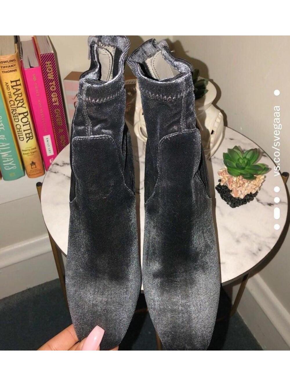 Grey Velvet Ankle Boots with Clear Block Heels